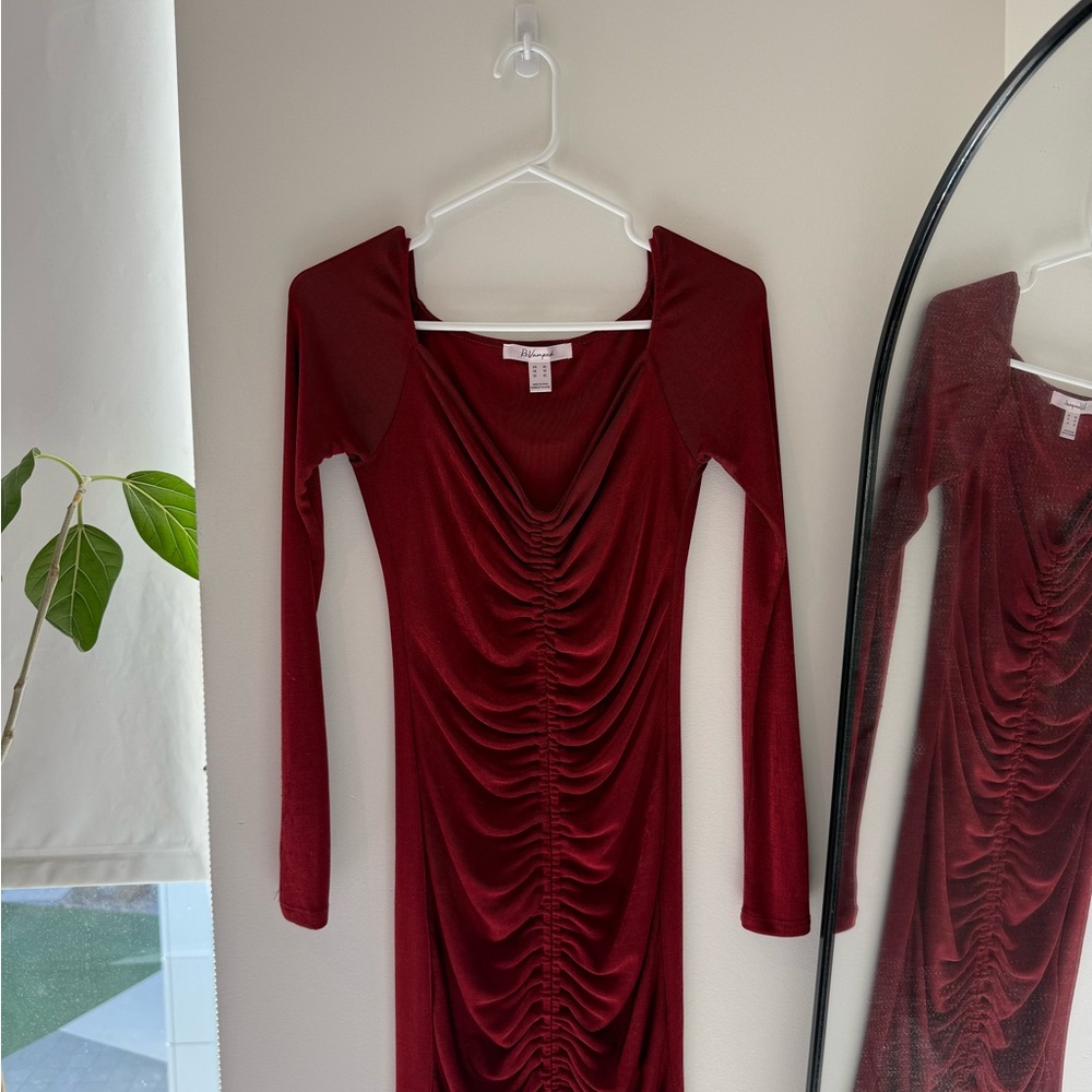 Revamped Deep Red Ruched Midi Dress